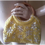 Yellow Floral Silk Sea Shells Wooden Handles Handbag Bag Clutch Purse Flowers