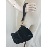 Adrianna Papell Black Velvet Fabric Clutch Bag Purse Handbag Leather Gold Buckle