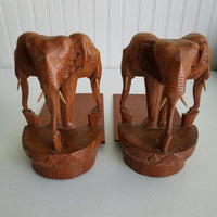 Set of Vintage Folding Elephant Bookends Carved Wood Siam Folk Art Tri 3 Triple