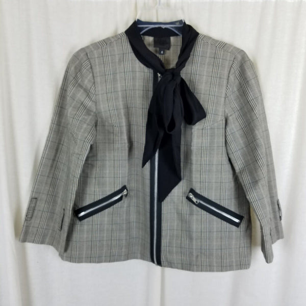 Anna Sui Houndstooth Plaid Cotton Bow Tie Blazer Jacket Womens 0 Black White Zip