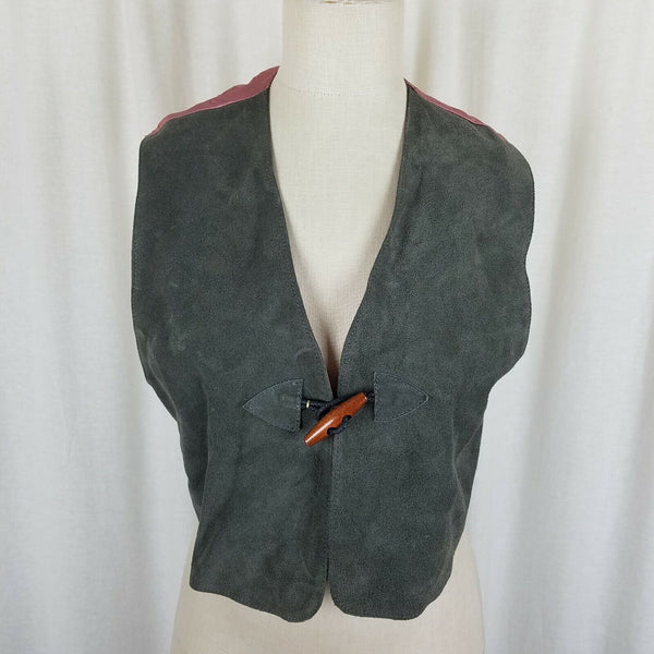 Vintage Jordache Leather Wood Toggle Front Vest Womens S M Satin Back Waistcoat