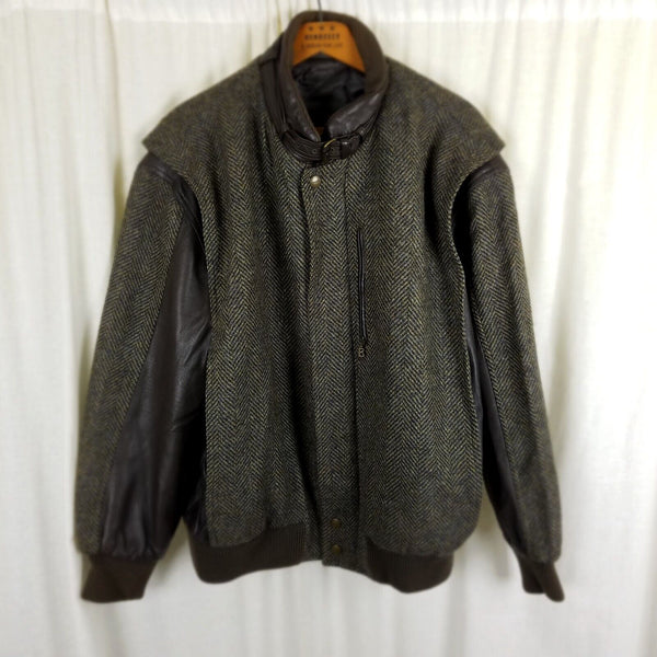 Vintage Bogner Herringbone Tweed Wool Leather Bomber Jacket Mens XL 50 Western Germany