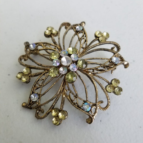 Vintage Floral Hollow Metal Jeweled Rhinestones Brooch Pin 2 inches