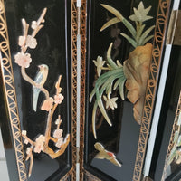 Vtg Asian Black Lacquer Wood Folding 4 Panel Table Screen Jade Mother of Pearl