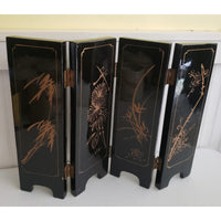 Vtg Asian Black Lacquer Wood Folding 4 Panel Table Screen Jade Mother of Pearl