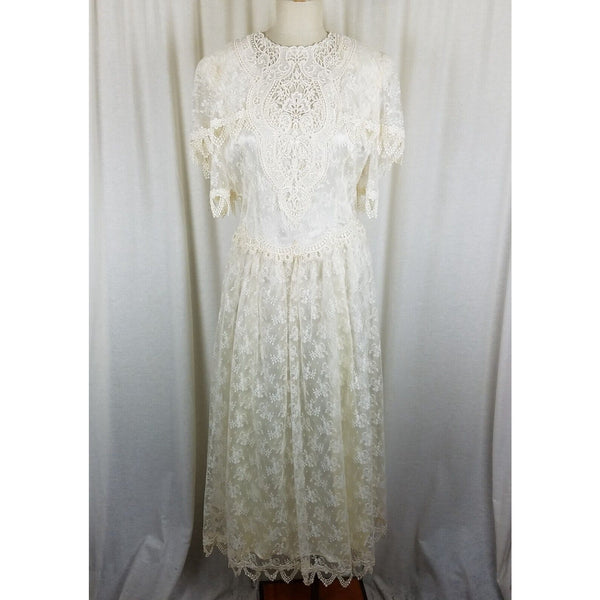 Vintage 80s JESSICA MCCLINTOCK BRIDAL Gunne Sax Dress Lace Cottagecore Ivory 12