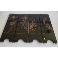 Vintage Asian Black Lacquer Wood Folding 4 Panel Table Screen Mother of Pearl