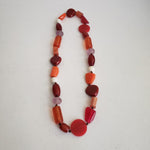 Vintage Chunky Celluloid Resin Beaded Necklace Leather Knot Beads Red Orange