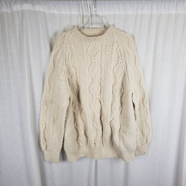 Vintage Handmade 90s Fisherman Cable Knit Wool Aran Sweater Mens size L XL Cream