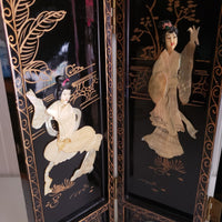 Vintage Asian Black Lacquer Wood Folding 4 Panel Table Screen Mother of Pearl