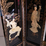 Vintage Asian Black Lacquer Wood Folding 4 Panel Table Screen Mother of Pearl