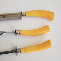 Vintage Butterscotch Bakelite Meat Carving Set Knife Honing Stainless Steel Wood