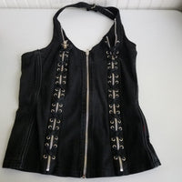 Vtg Y2K Tripp NYC Black Halter Corset Top Lace Up Zippers Womens XL Gothic 90s