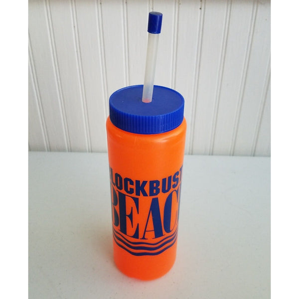 Vintage Blockbuster Beach Party Neon Orange Plastic Water Bottle 80s 90s RARE