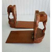 Set of Vintage Folding Elephant Bookends Carved Wood Siam Folk Art Tri 3 Triple