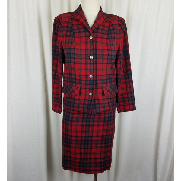 Vintage Pendleton Calgary Red Wool Plaid Blazer Jacket Skirt Suit Set Womens 8