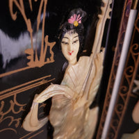 Vintage Asian Black Lacquer Wood Folding 4 Panel Table Screen Mother of Pearl