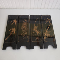 Vtg Asian Black Lacquer Wood Folding 4 Panel Table Screen Jade Mother of Pearl