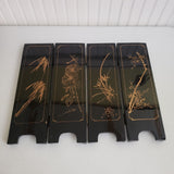 Vtg Asian Black Lacquer Wood Folding 4 Panel Table Screen Jade Mother of Pearl