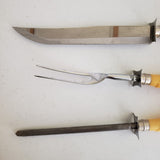 Vintage Butterscotch Bakelite Meat Carving Set Knife Honing Stainless Steel Wood