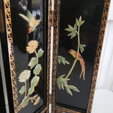Vtg Asian Black Lacquer Wood Folding 4 Panel Table Screen Jade Mother of Pearl