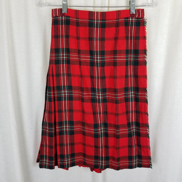 Vtg Celtic Craft Centre Red Tartan Plaid Kilt Skirt Wool Fringe Wrap Womens XS S