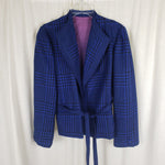 Vintage Cobalt Blue Plaid Draped Collar Tie Wrap Jacket Blazer Womens L France