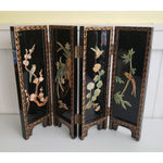 Vtg Asian Black Lacquer Wood Folding 4 Panel Table Screen Jade Mother of Pearl
