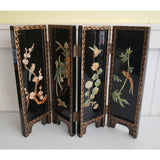 Vtg Asian Black Lacquer Wood Folding 4 Panel Table Screen Jade Mother of Pearl