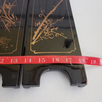 Vtg Asian Black Lacquer Wood Folding 4 Panel Table Screen Jade Mother of Pearl