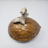 Vintage Ceramic Squirrel On A Walnut Covered Nut Candy Dish With Lid Holland 70s