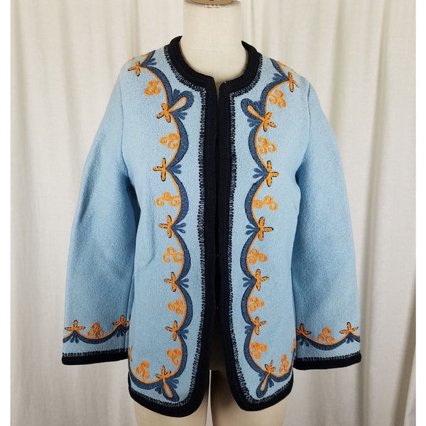 Vintage Austria Boiled Weighted Wool Sweater Jacket Blazer Womens L Embroidered