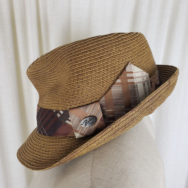 Vintage Bailey of Hollywood Paper Straw Fidora Hat Mens S Meyer the Hatter Plaid