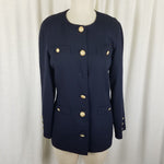 Marella Worsted Wool Navy Blue Collarless Jacket Blazer Womens 8 Crest Buttons