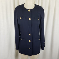 Marella Worsted Wool Navy Blue Collarless Jacket Blazer Womens 8 Crest Buttons