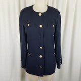 Marella Worsted Wool Navy Blue Collarless Jacket Blazer Womens 8 Crest Buttons