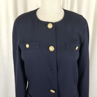 Marella Worsted Wool Navy Blue Collarless Jacket Blazer Womens 8 Crest Buttons