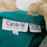 Vintage Carole M Studio Wrap Blouson Lace Collar Pleated Twirl Skirt Dress Womens size 12 Day Dress