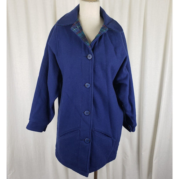 Vintage Woolrich Woman Cobalt Blue Plaid Lined Wool Car Coat Peacoat Womens S