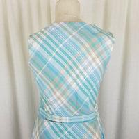 LL Bean Linen Cotton Blue Green Plaid Faux Wrap Dress Summer Womens 4