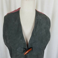 Vintage Jordache Leather Wood Toggle Front Vest Womens S M Satin Back Waistcoat