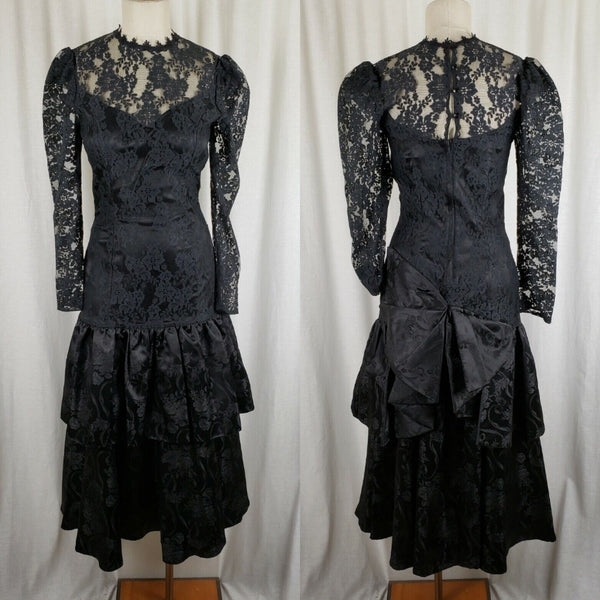 Vintage Scott McClintock Avant Garde Black Lace Formal Prom Dress Womens 8 Bow