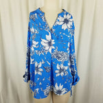 Poppi Blue 3/4 Sleeve Cinch Side Top Tunic Blouse Womens XL Large Floral Print