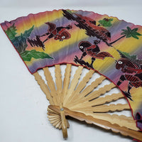 Vintage Bamboo Fabric Folding Fan Warriors on Horses Figural Scene w Landscape