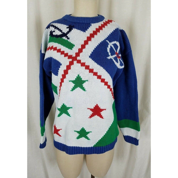 Vintage Gina Peters Loud Nautical Stars Knit Pullover Sweater Womens M Blue 90s