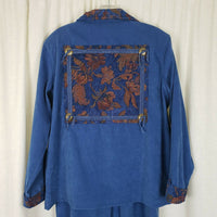 Susan Graver Western Floral Tapestry Faux Suede Pants Suit Zip Jacket Womens M