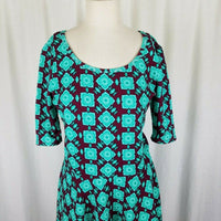 Lularoe Green Medallion Jersey Knit Dress Womens L Scoop Neck Twirl 3/4 Sleeve