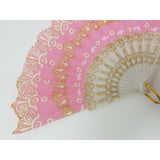 VINTAGE CHINESE Pink Fabric FAN White Plastic RIBS Gold Trim Asian China