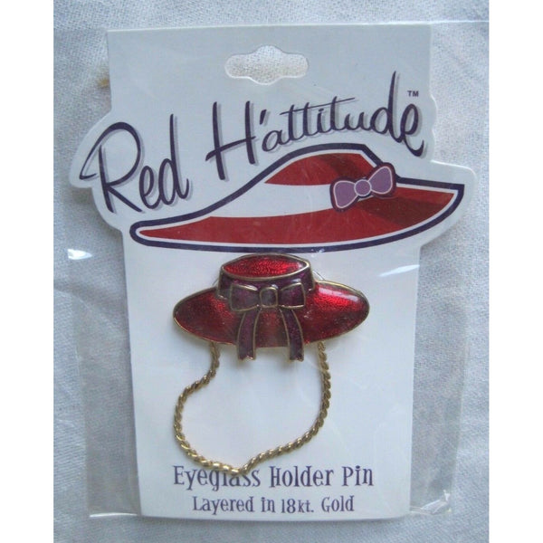 Red Hattitude Hat Society Eyeglass Holder Pin Brooch 18 kt Gold Finish Brim Bow