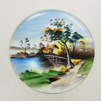 M. Sato Decorative Plate Entirely Handpainted Castle Lake Print Vintage 10.5 in